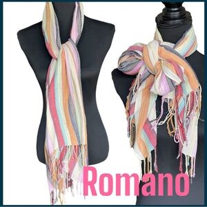 Romano Multi-Colour Stripe Rectangular Fringe Scarf (24"x64")